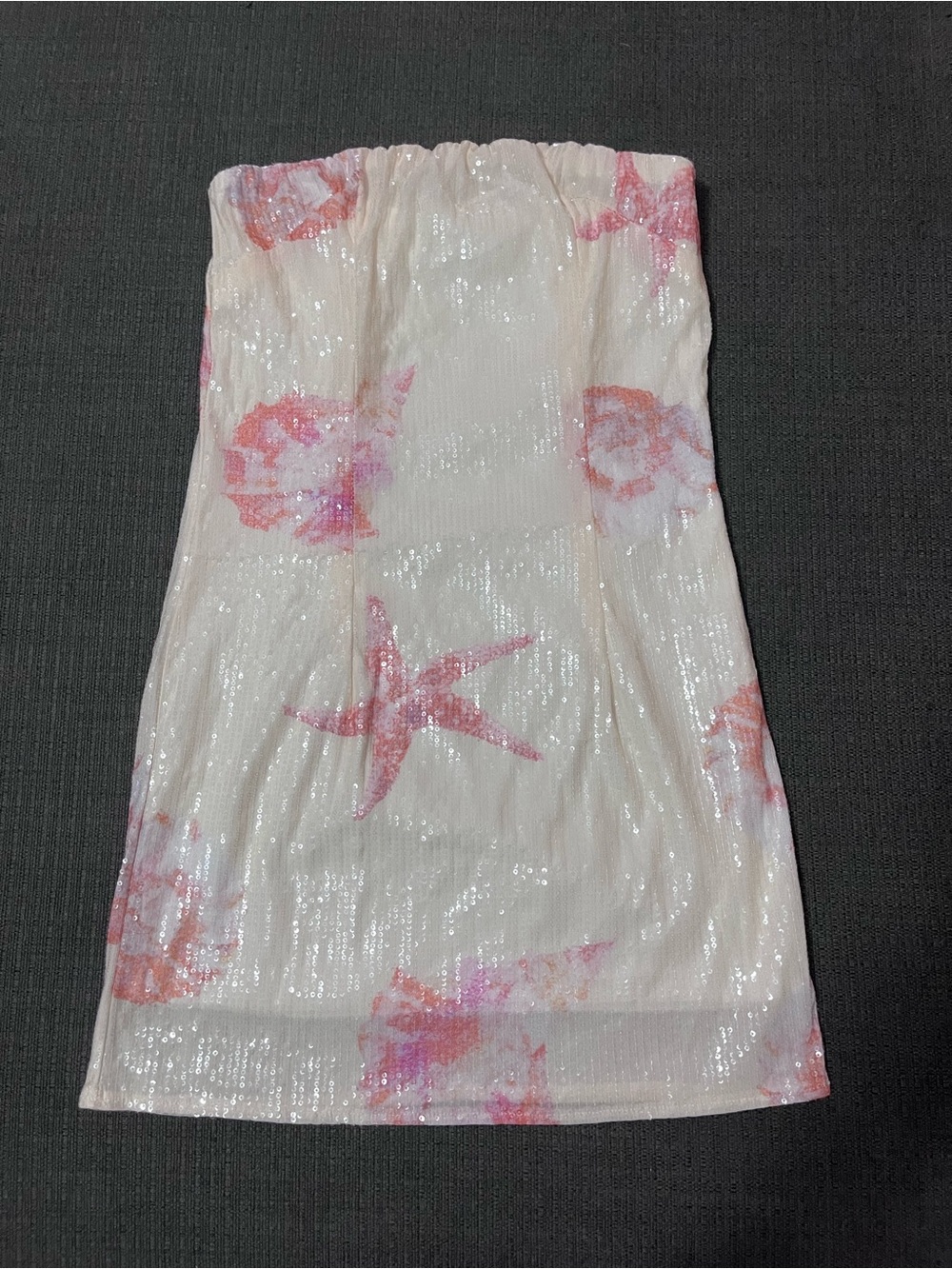 Strapless Sequin Cream Dress with Pink Starfish Beach Print